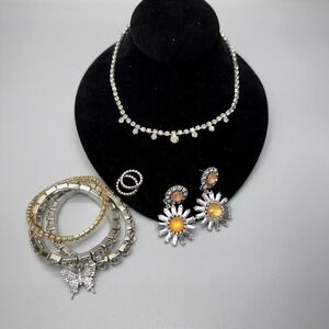 White Rhinestone Jewelry Lot 7pc Vintage to Now  READ